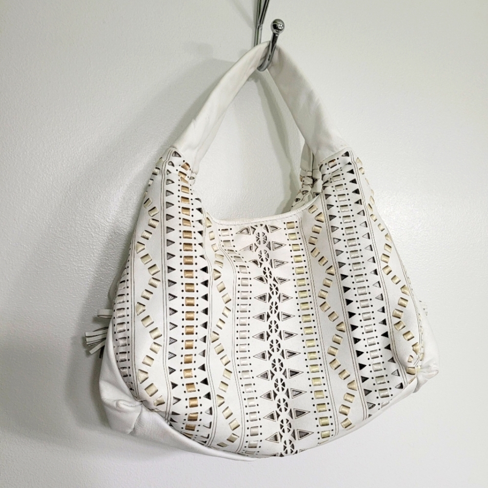 Francesco Biasia White Leather Mini Handbag Purse Laser Cut Boho Summer